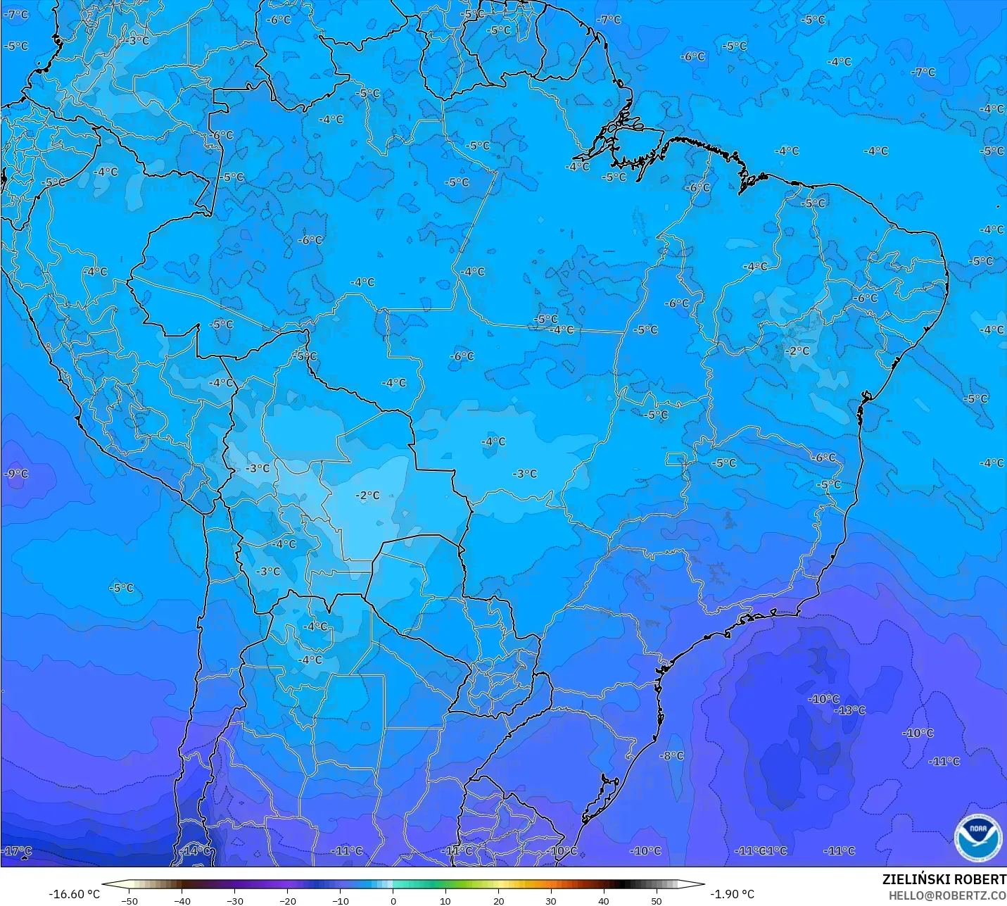 GFS modelo - Brasil, Temperatura a 500 hPa