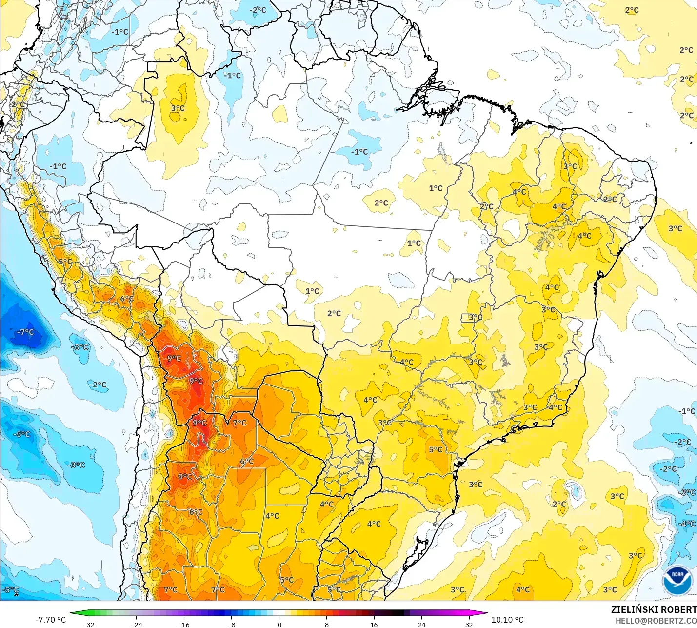 GFS modelo - Brasil, Anomalía de temperatura a 850 hPa