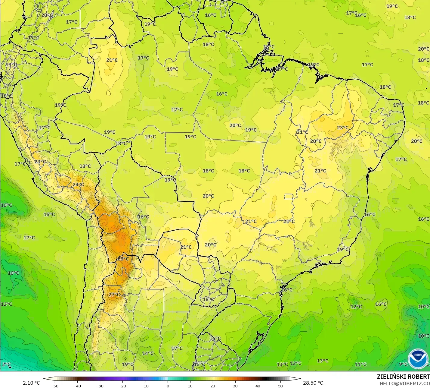 GFS modelo - Brasil, Temperatura a 850 hPa