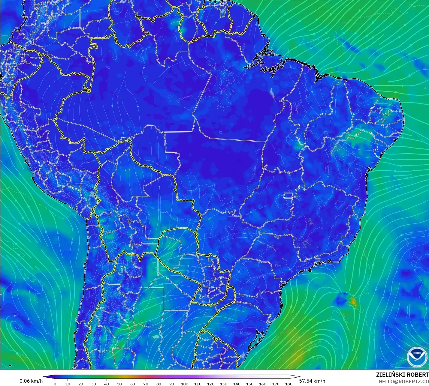 GFS modelo - Brasil, Viento a 10 m