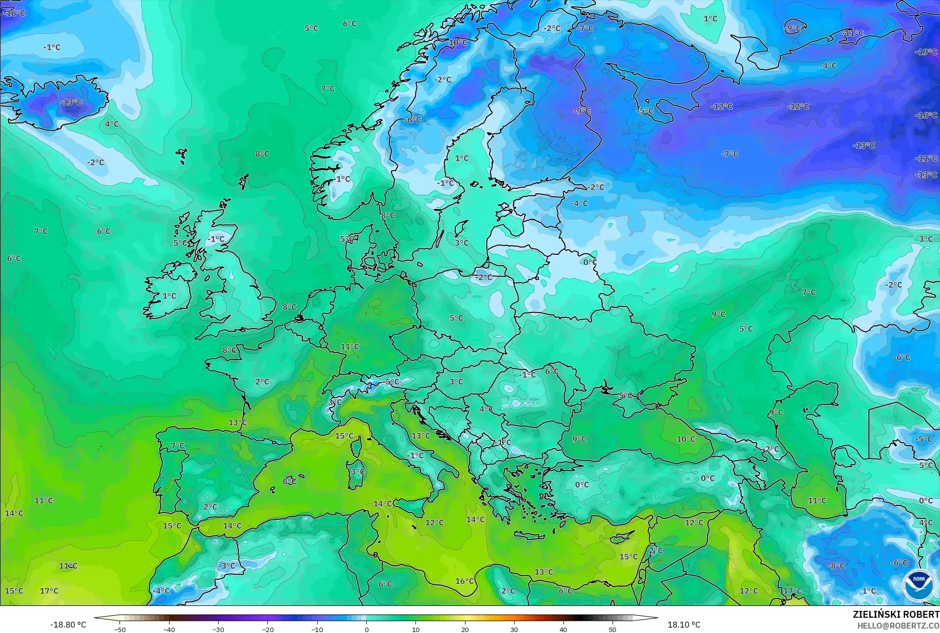 GFS modelo - Europa, Punto de rocío a 2 m