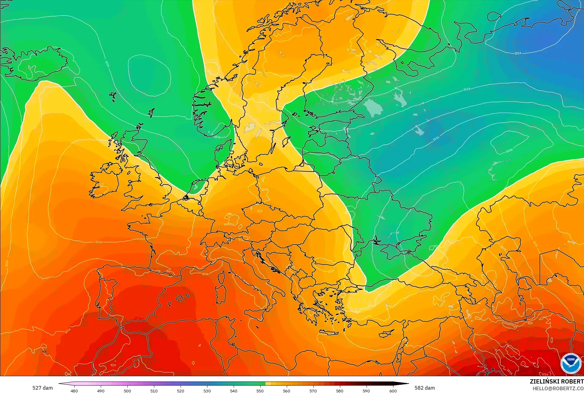 GFS modelo - Europa, Altura geopotencial a 500 hPa