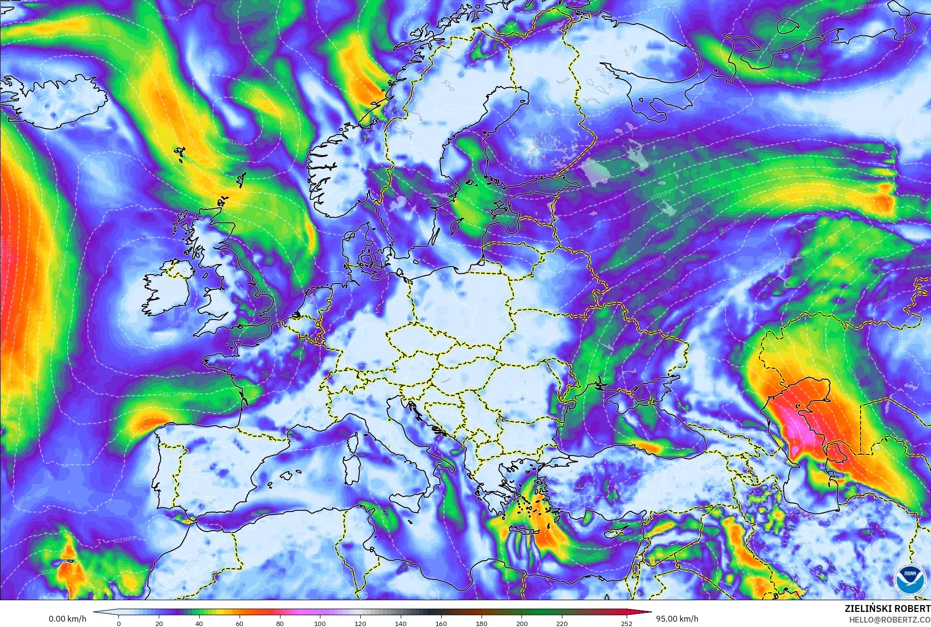 GFS modelo - Europa, Ráfagas de Viento Máximas