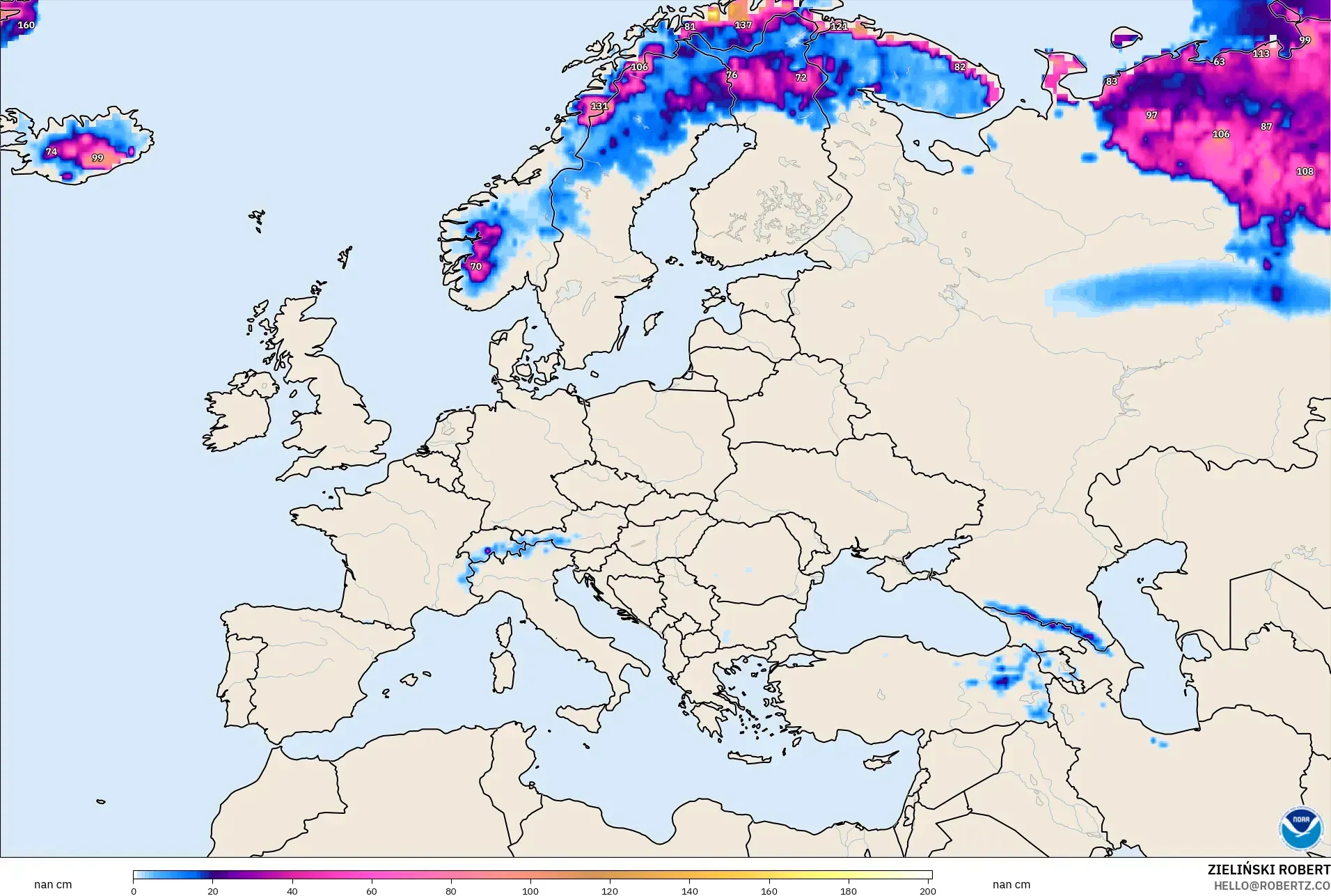 GFS modelo - Europa, Profundidad de nieve