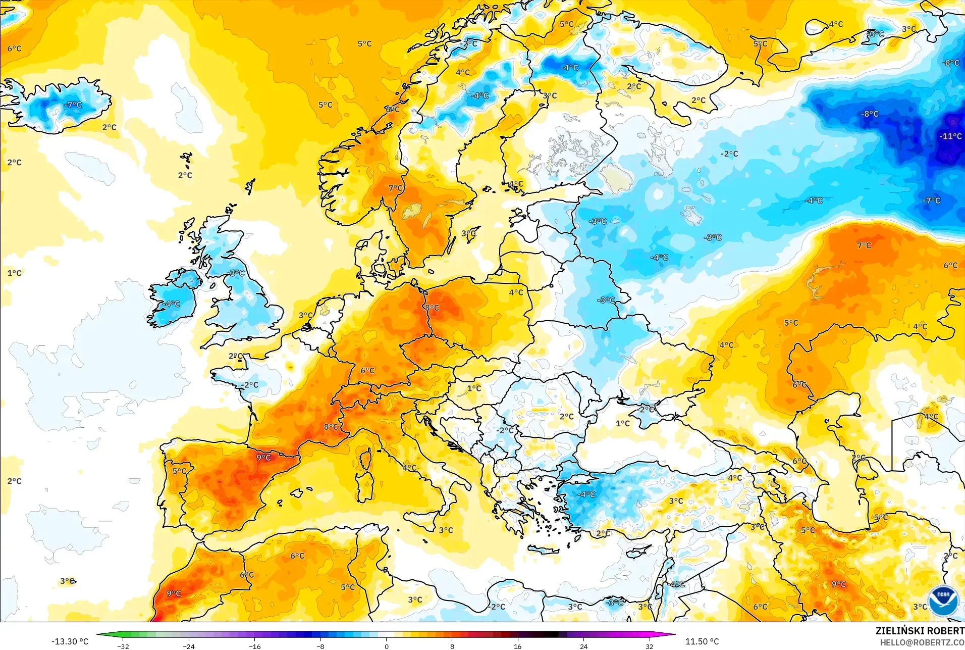GFS modelo - Europa, Anomalía de temperatura a 2 m