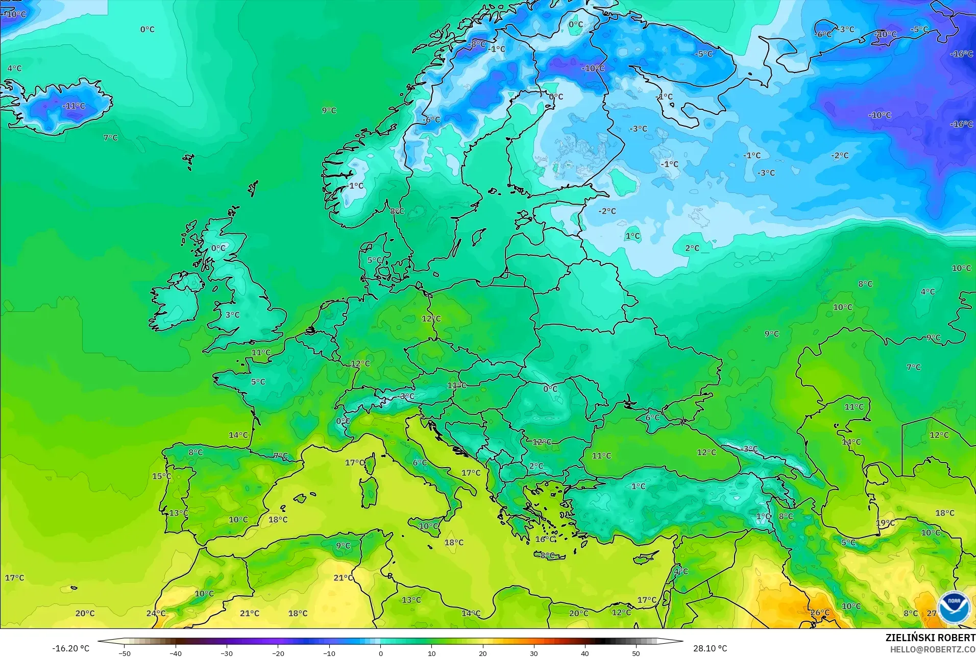 GFS modelo - Europa, Temperatura a 2 m