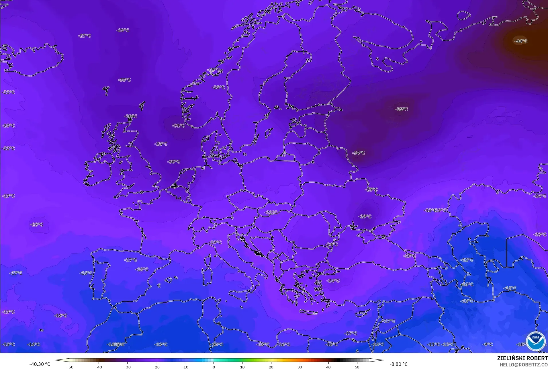 GFS modelo - Europa, Temperatura a 500 hPa