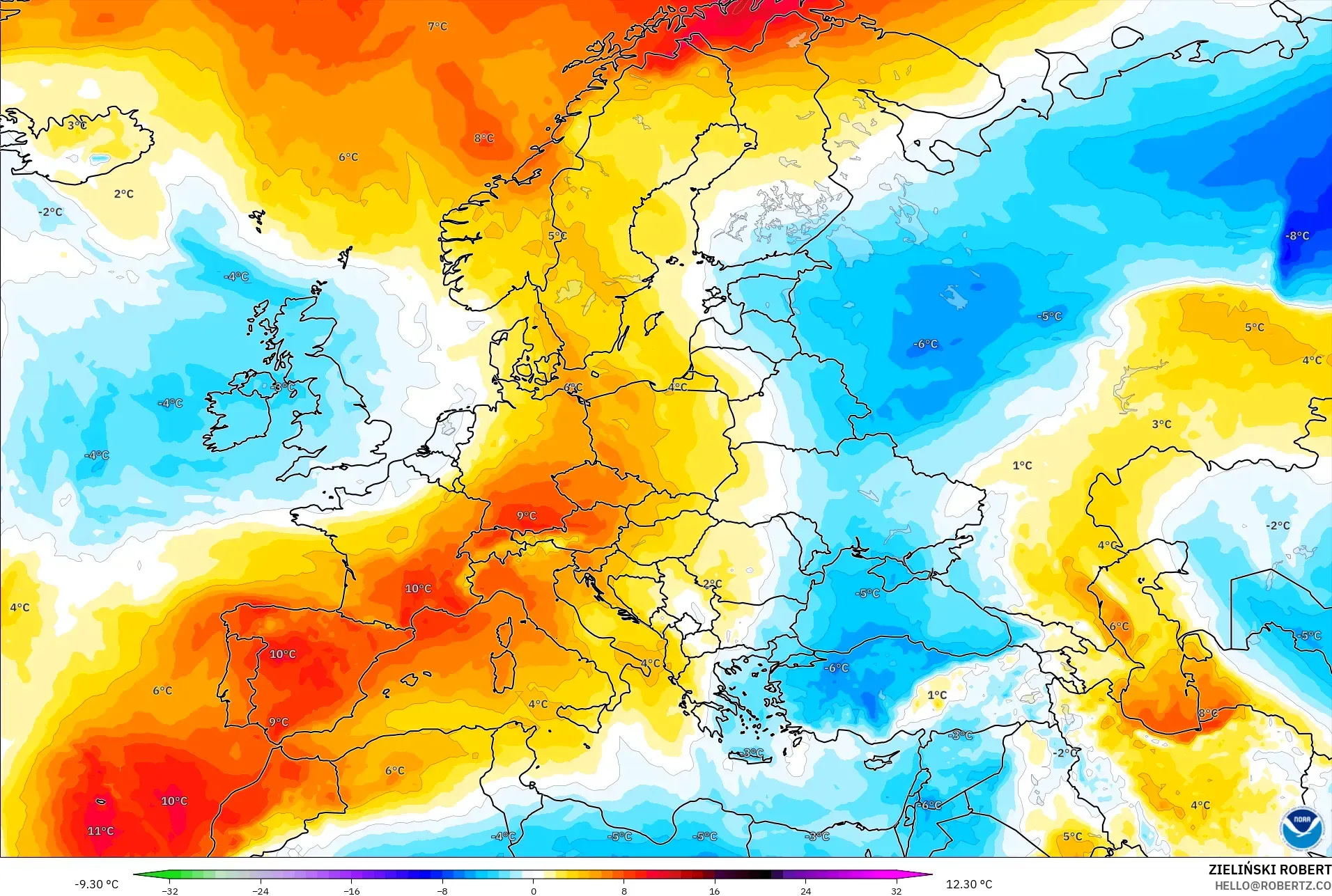 GFS modelo - Europa, Anomalía de temperatura a 850 hPa