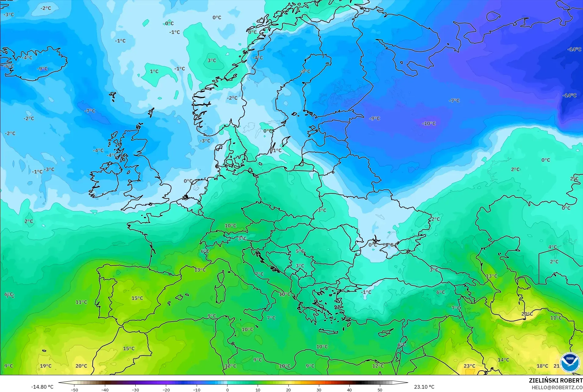GFS modelo - Europa, Temperatura a 850 hPa