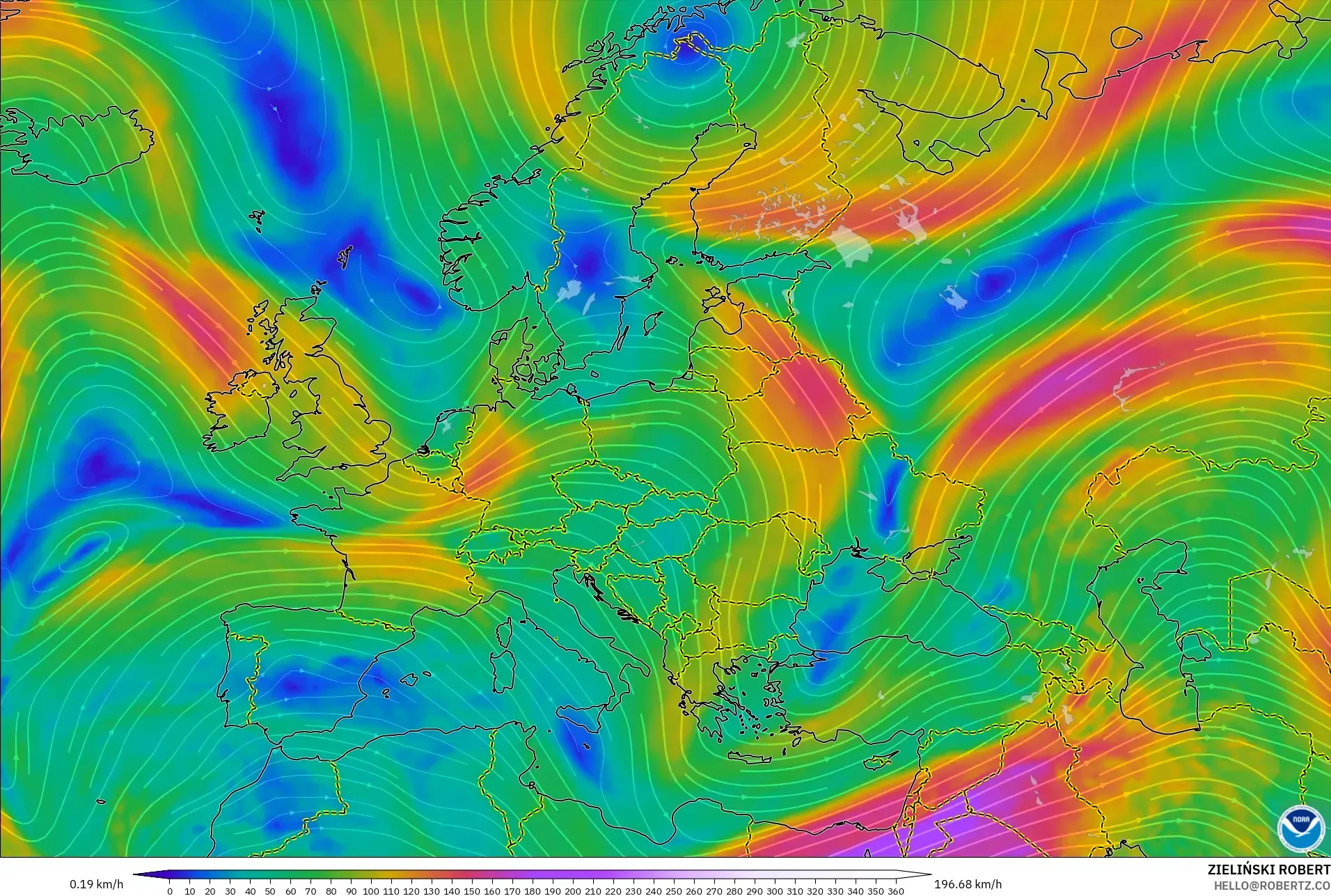 GFS modelo - Europa, Viento a 300 hPa (corriente en chorro)