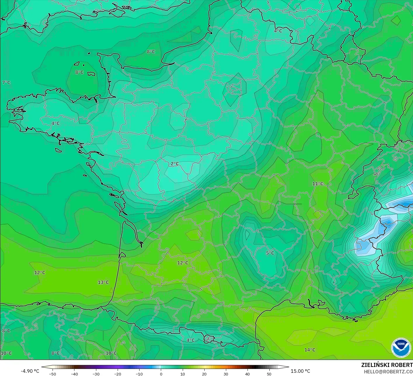 GFS modelo - Francia, Punto de rocío a 2 m