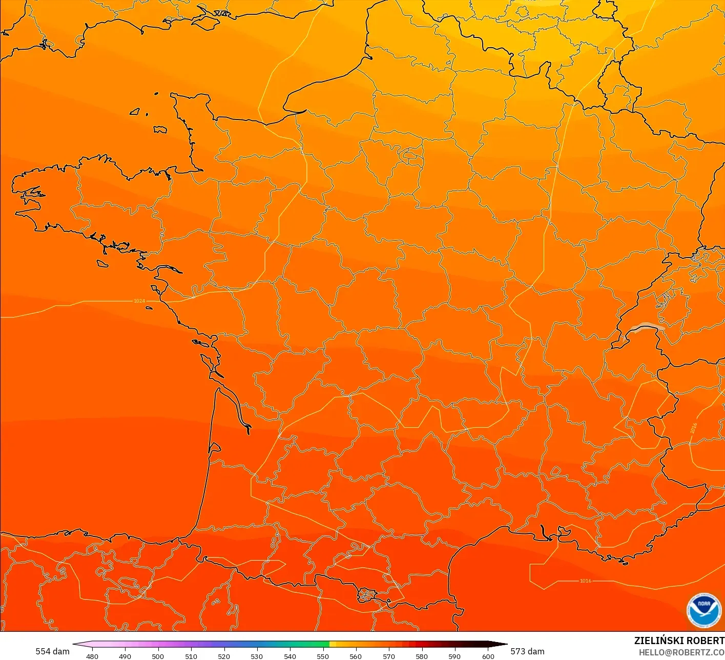GFS modelo - Francia, Altura geopotencial a 500 hPa