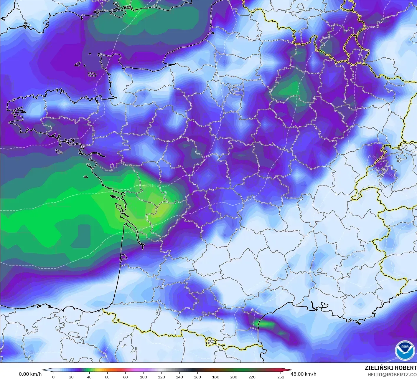 GFS modelo - Francia, Ráfagas de viento