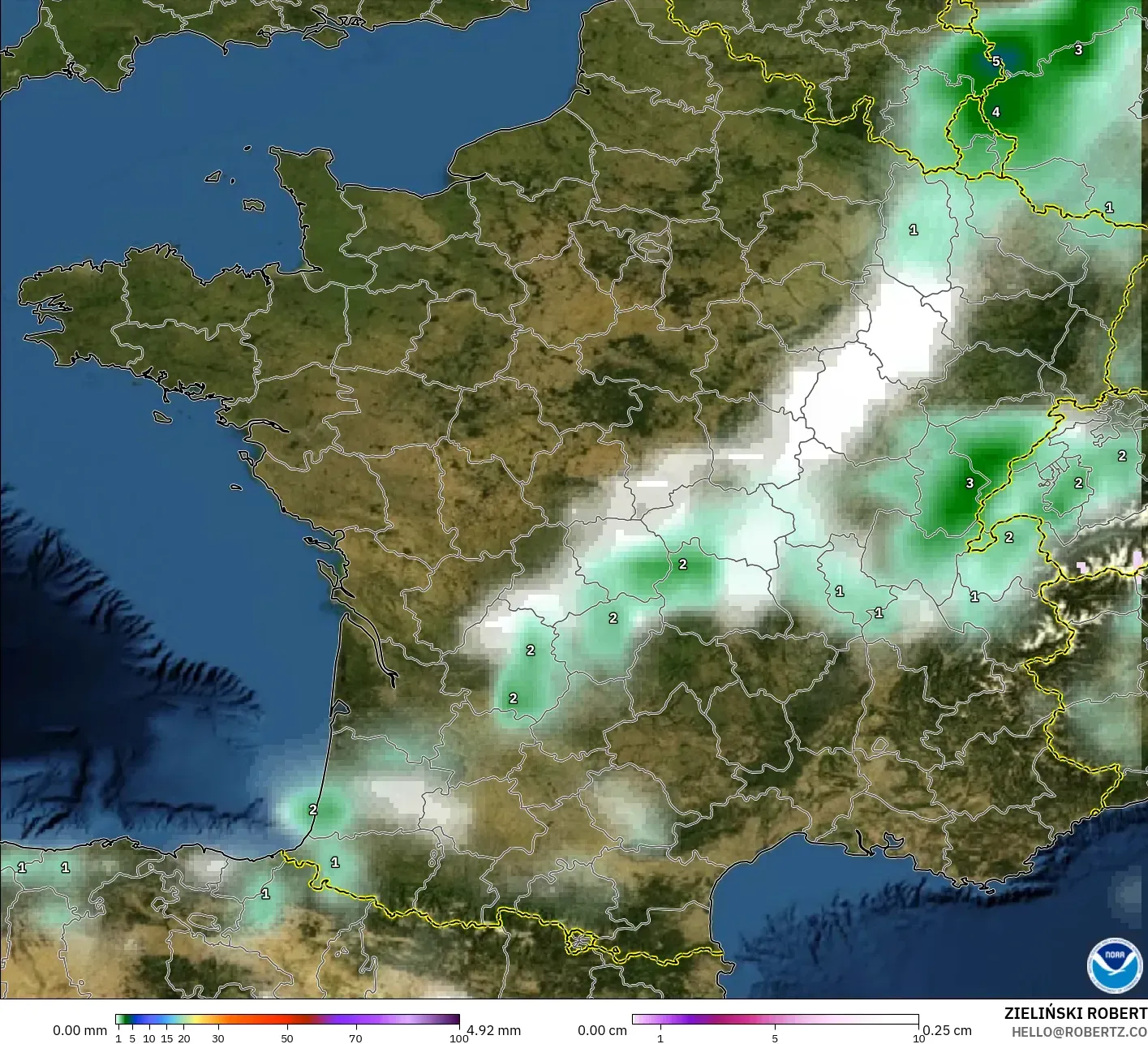 GFS modelo - Francia, Precipitación, nubes y presión