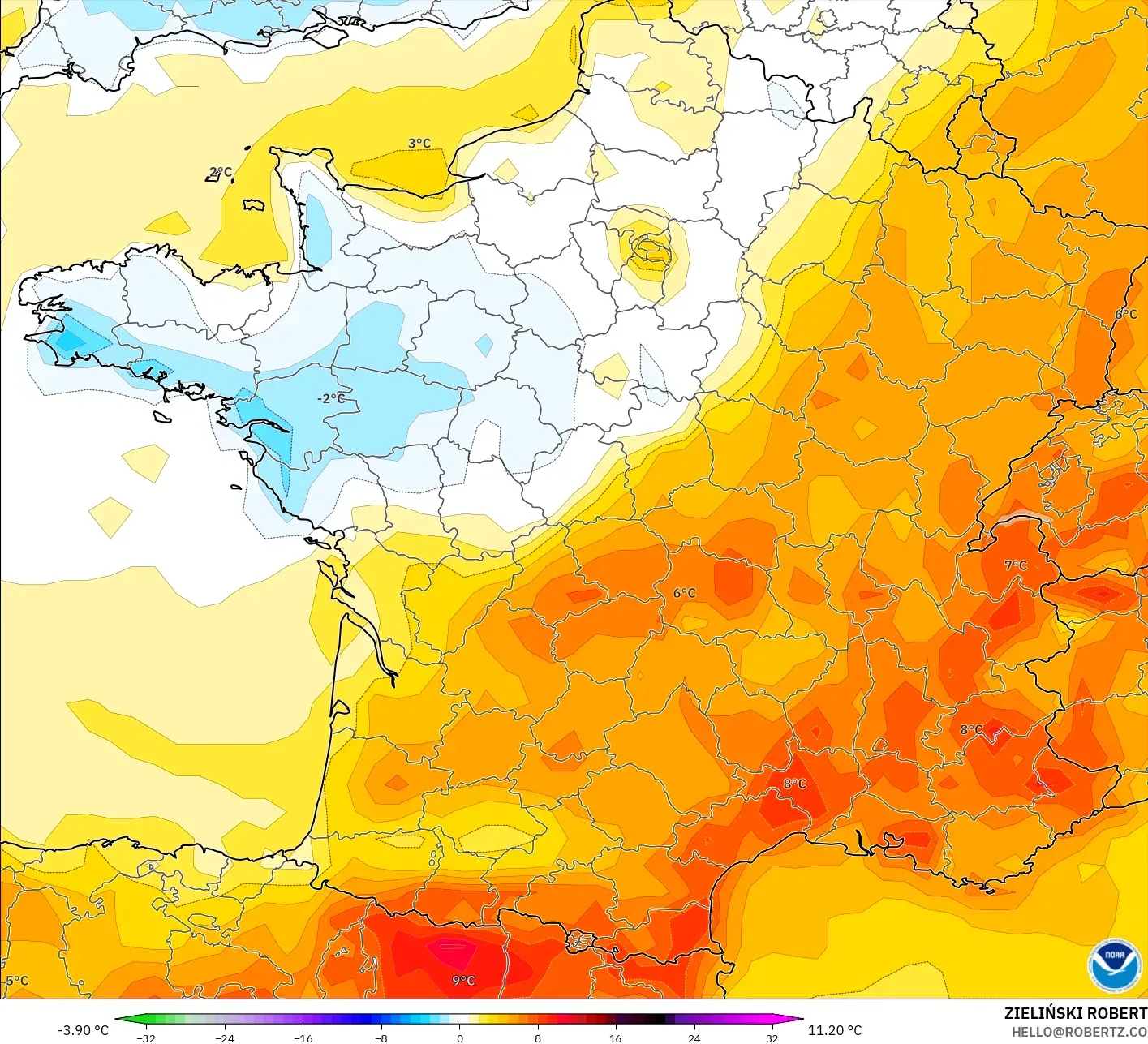 GFS modelo - Francia, Anomalía de temperatura a 2 m