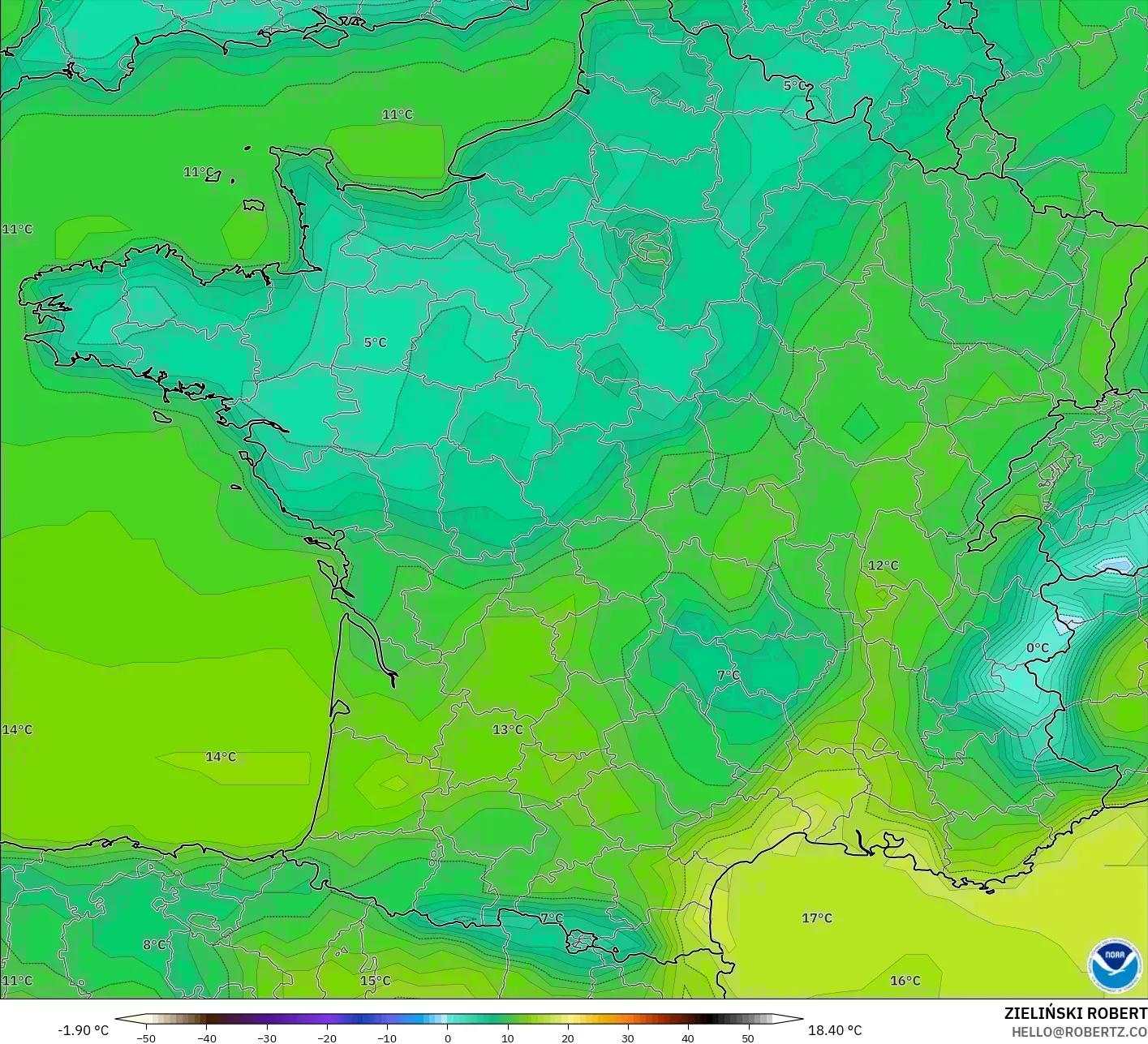GFS modelo - Francia, Temperatura a 2 m