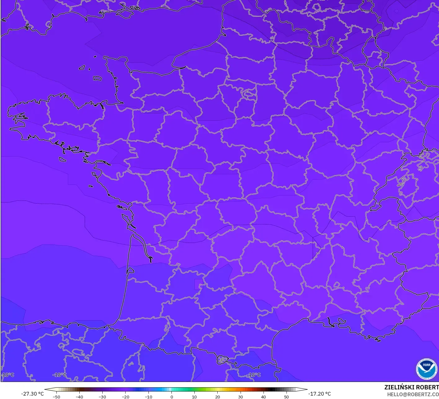 GFS modelo - Francia, Temperatura a 500 hPa