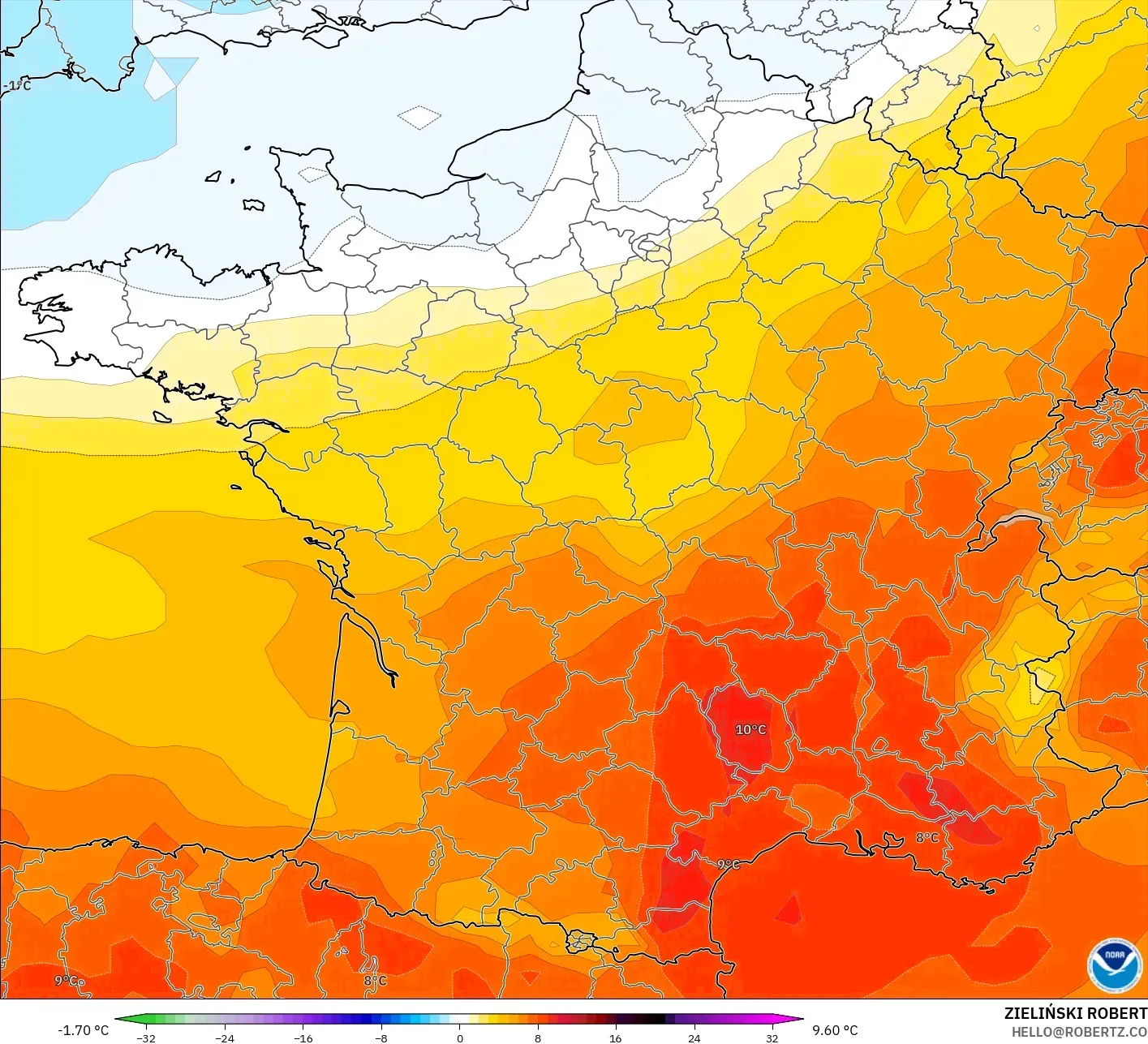 GFS modelo - Francia, Anomalía de temperatura a 850 hPa