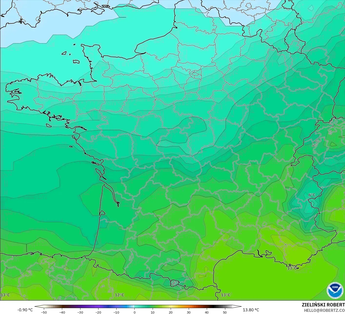 GFS modelo - Francia, Temperatura a 850 hPa