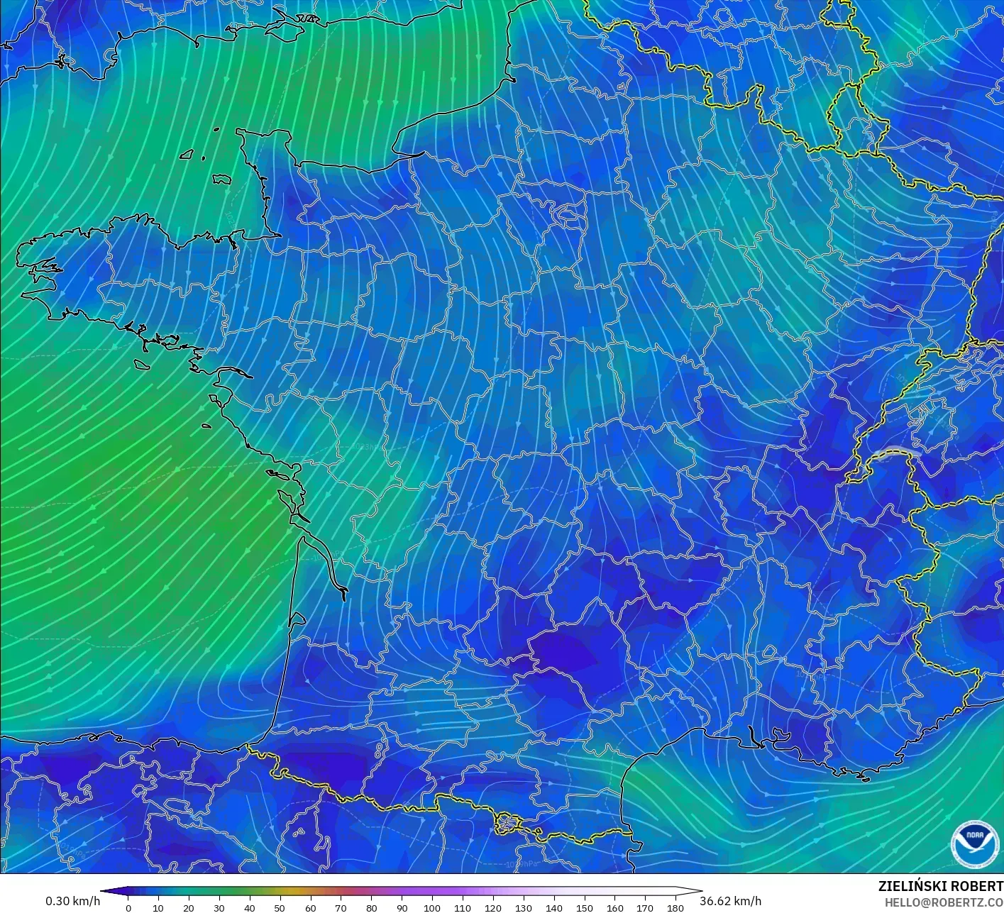 GFS modelo - Francia, Viento a 10 m