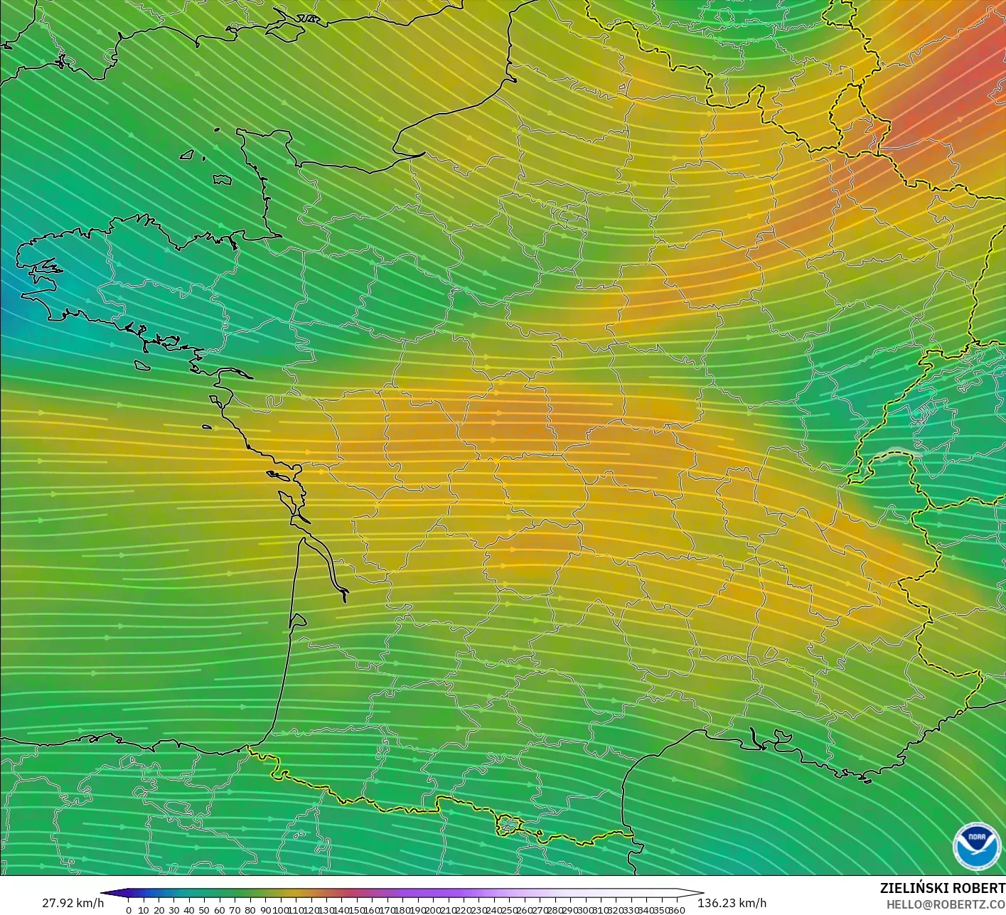 GFS modelo - Francia, Viento a 300 hPa (corriente en chorro)