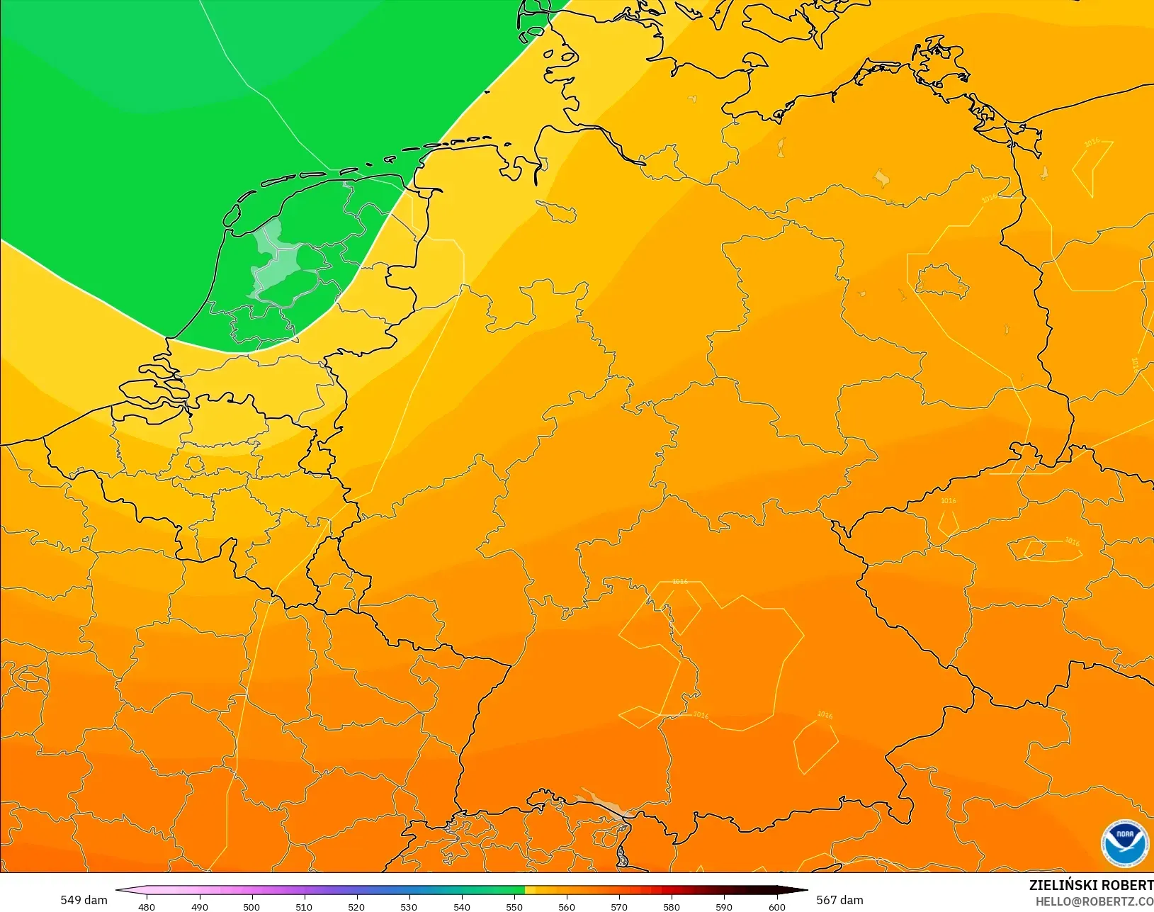 GFS modelo - Alemania, Altura geopotencial a 500 hPa