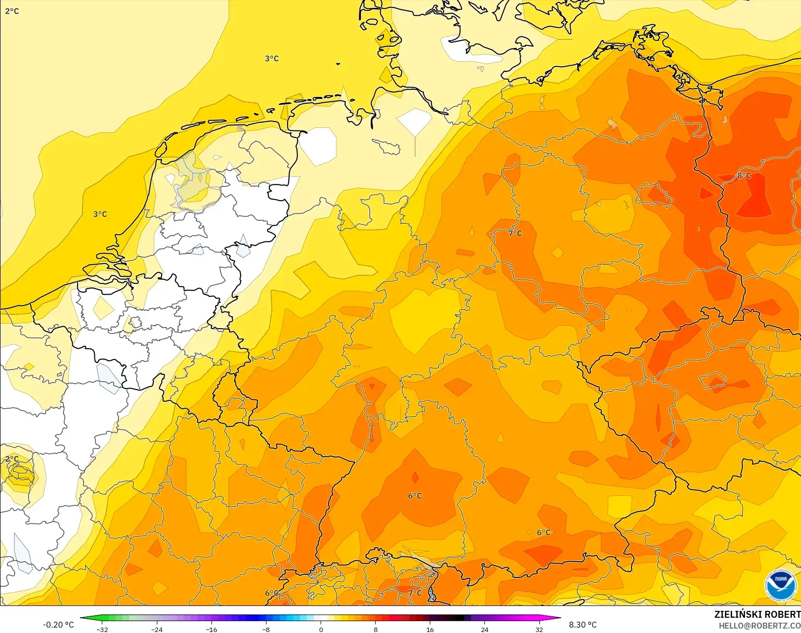GFS modelo - Alemania, Anomalía de temperatura a 2 m