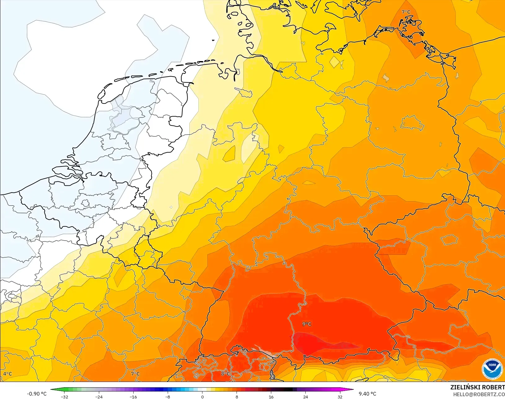 GFS modelo - Alemania, Anomalía de temperatura a 850 hPa