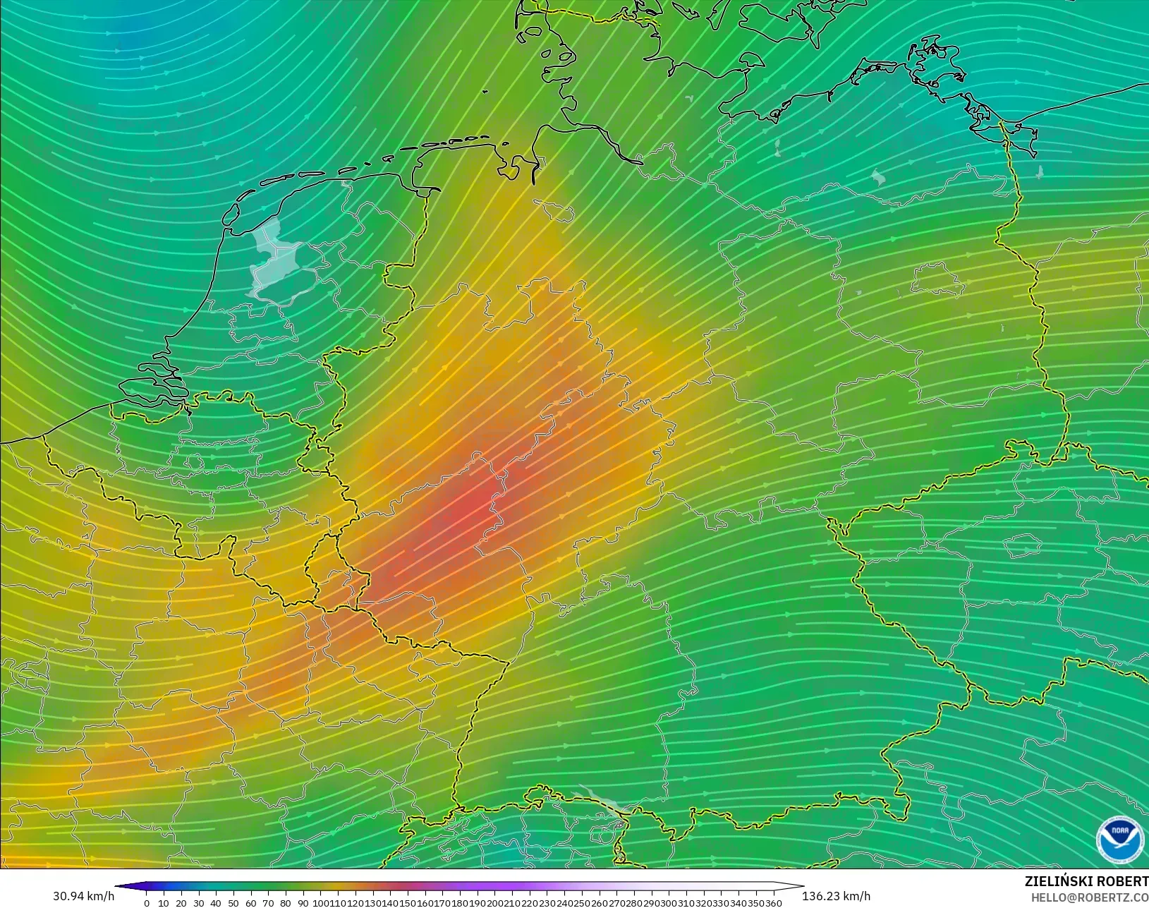 GFS modelo - Alemania, Viento a 300 hPa (corriente en chorro)