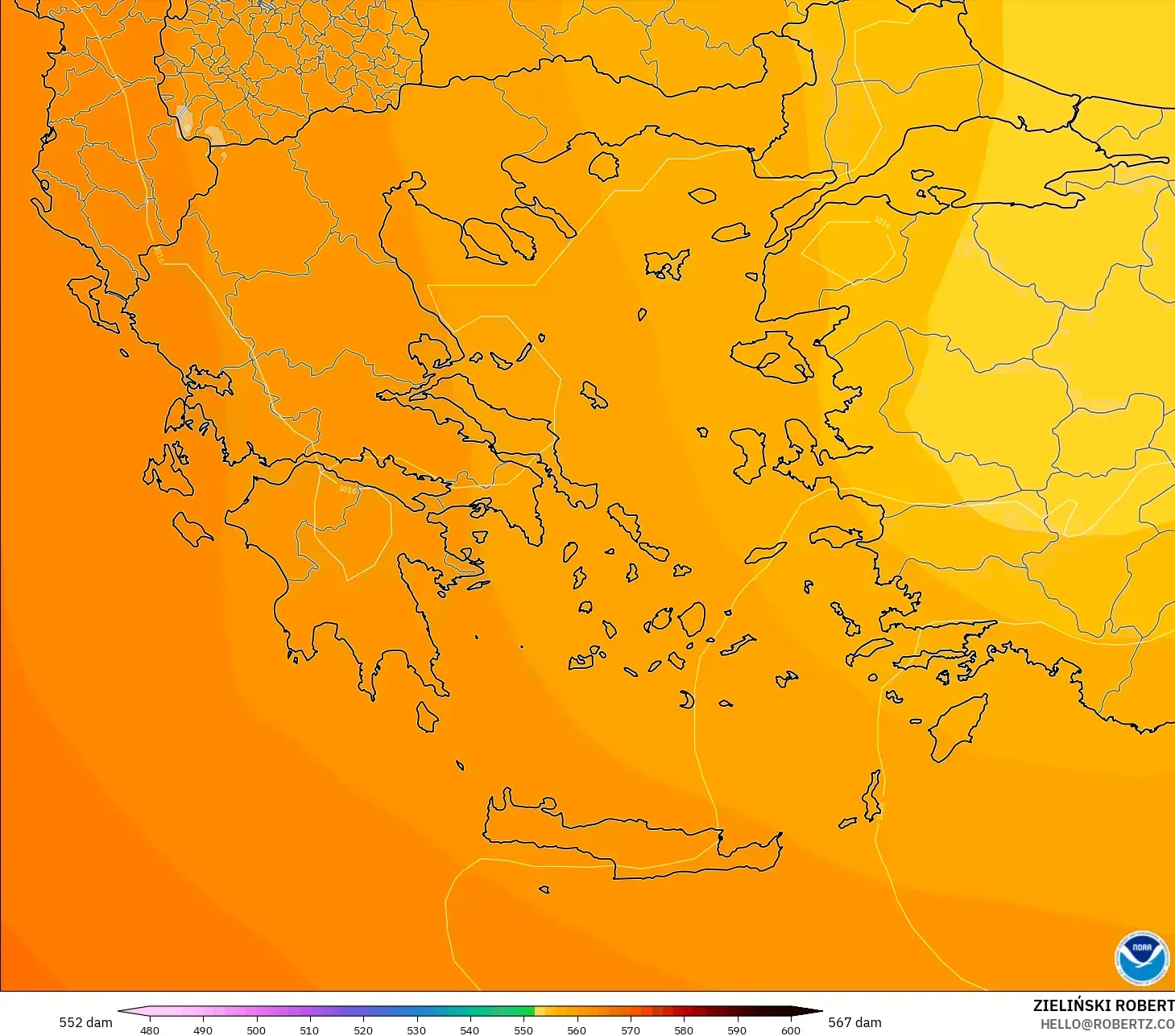 GFS modelo - Grecia, Altura geopotencial a 500 hPa