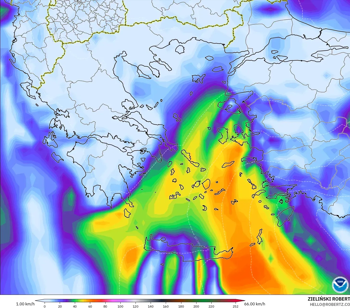 GFS modelo - Grecia, Ráfagas de viento