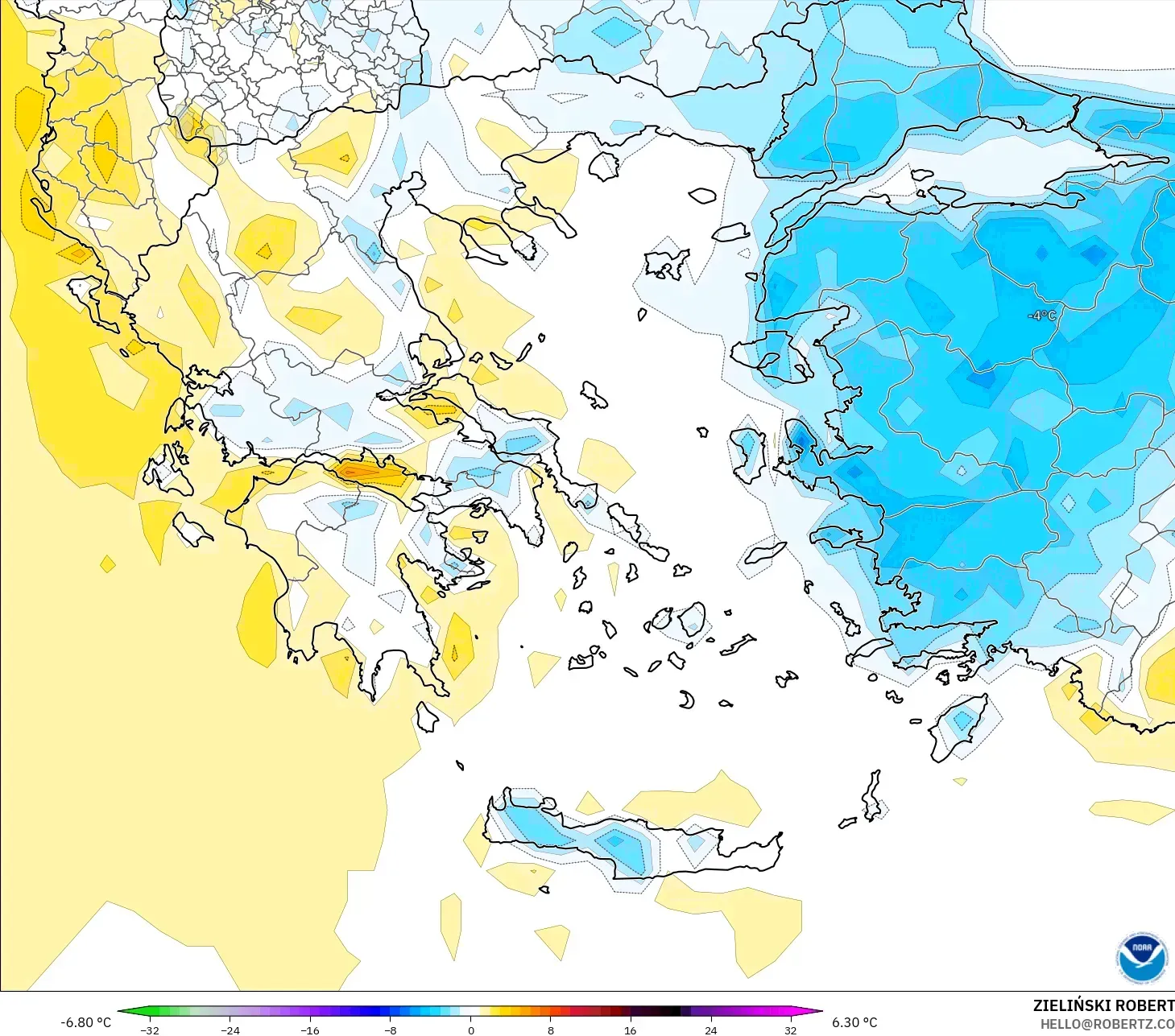 GFS modelo - Grecia, Anomalía de temperatura a 2 m