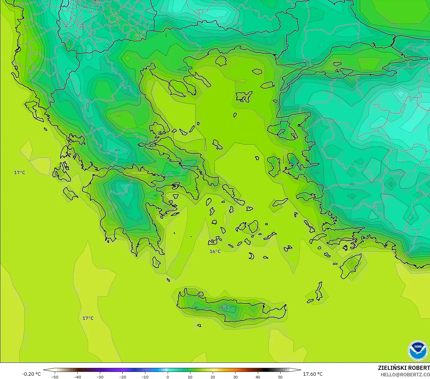 GFS modelo - Grecia, Temperatura a 2 m