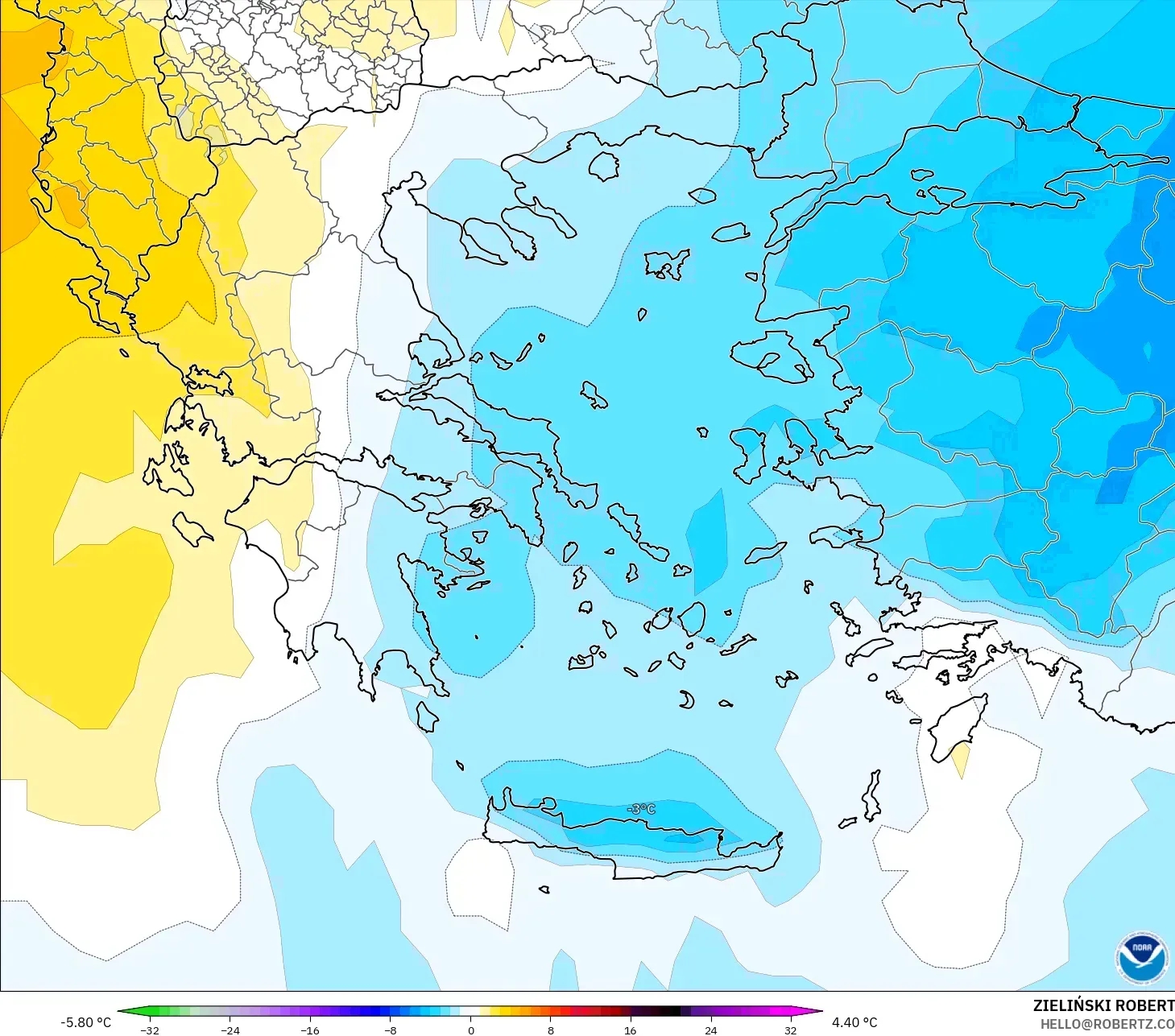 GFS modelo - Grecia, Anomalía de temperatura a 850 hPa