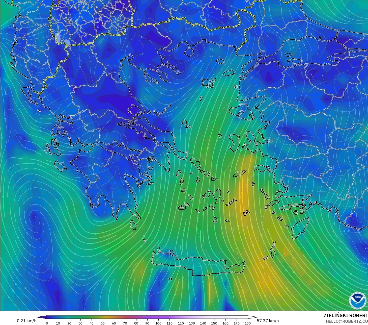 GFS modelo - Grecia, Viento a 10 m