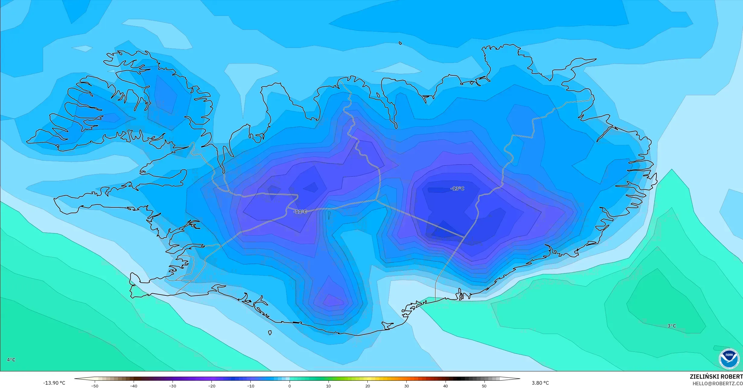 GFS modelo - Islandia, Punto de rocío a 2 m