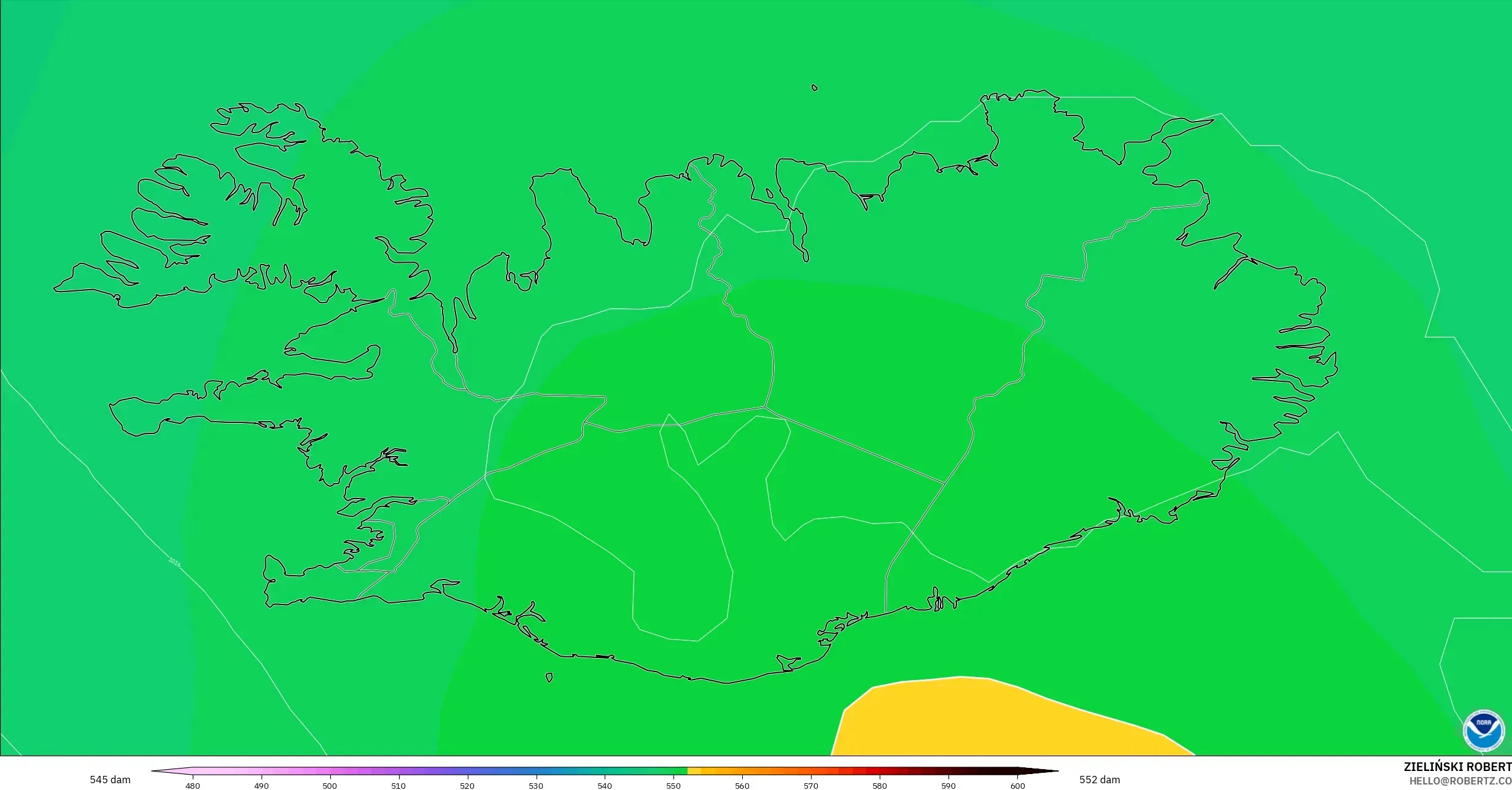 GFS modelo - Islandia, Altura geopotencial a 500 hPa