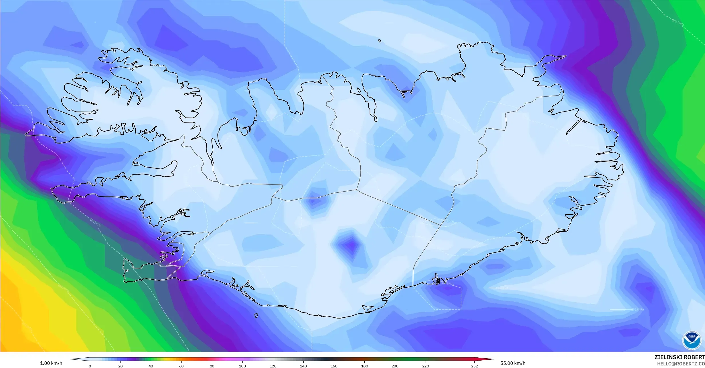 GFS modelo - Islandia, Ráfagas de viento