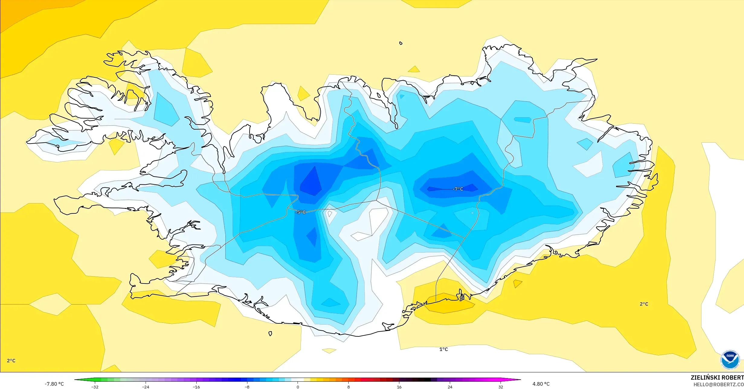 GFS modelo - Islandia, Anomalía de temperatura a 2 m