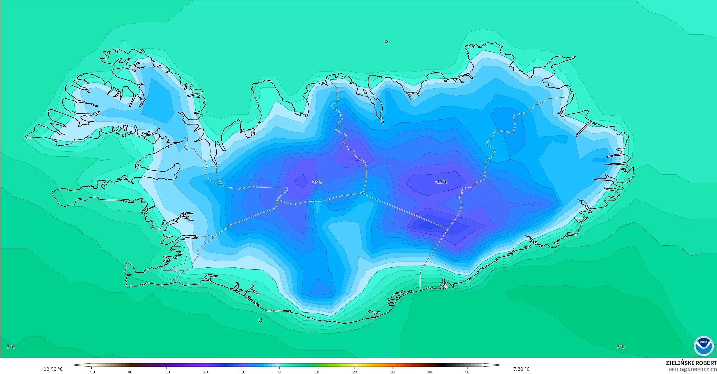 GFS modelo - Islandia, Temperatura a 2 m