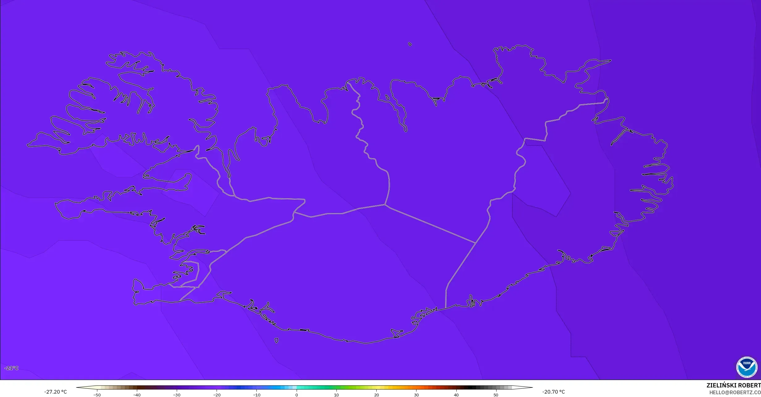 GFS modelo - Islandia, Temperatura a 500 hPa