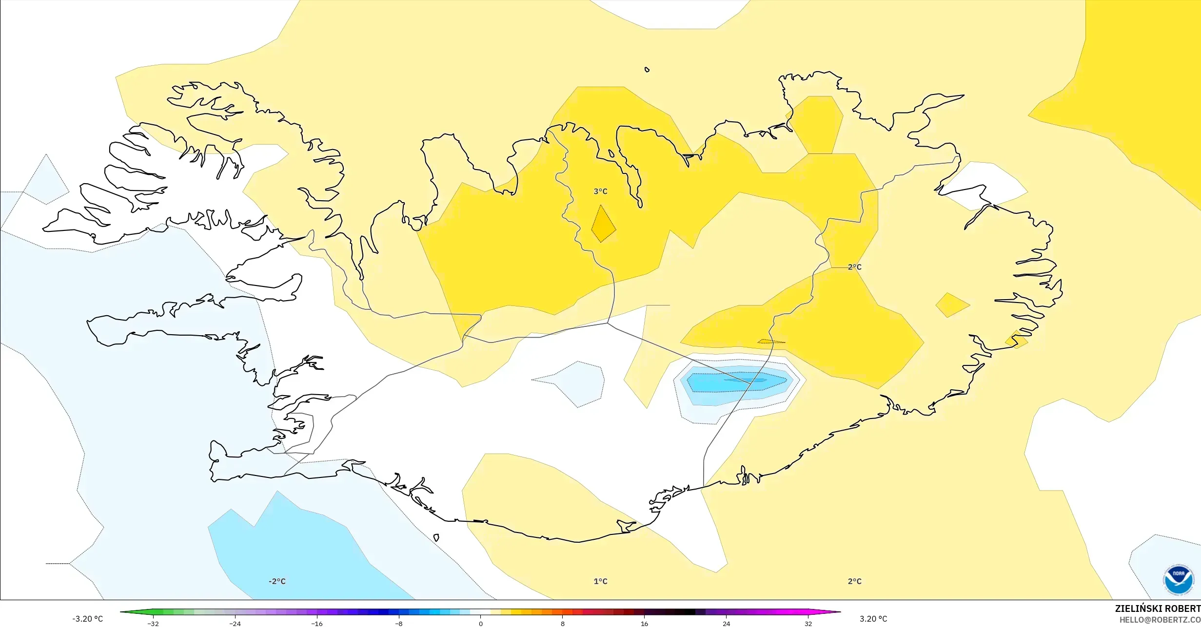 GFS modelo - Islandia, Anomalía de temperatura a 850 hPa