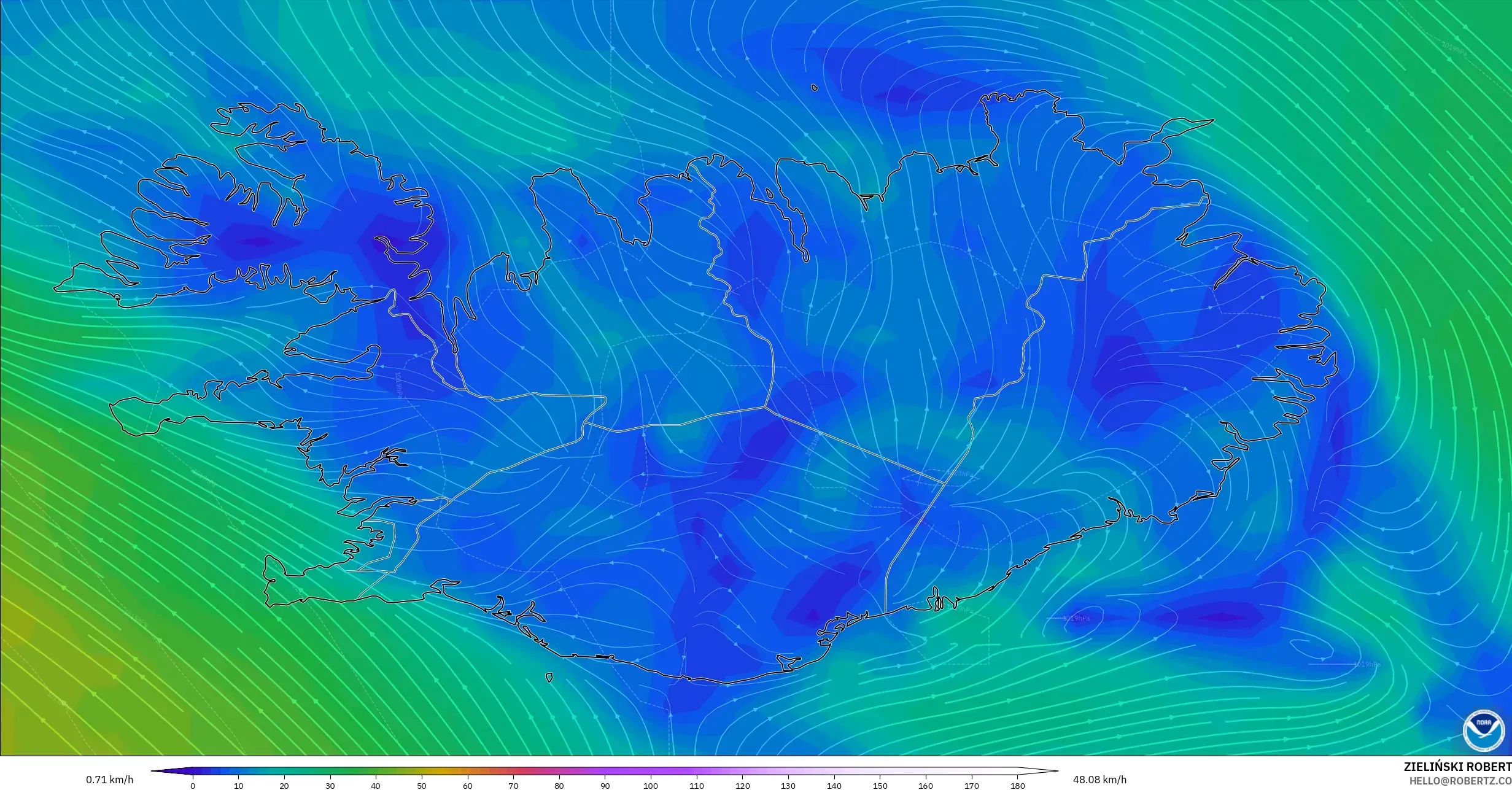 GFS modelo - Islandia, Viento a 10 m