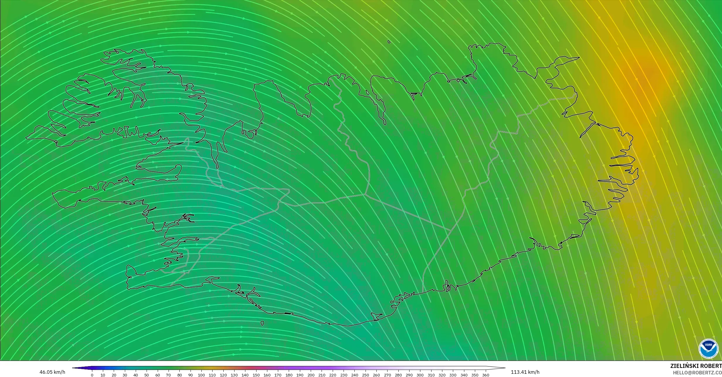 GFS modelo - Islandia, Viento a 300 hPa (corriente en chorro)