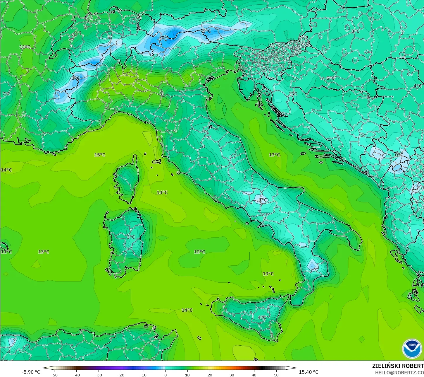 GFS modelo - Italia, Punto de rocío a 2 m