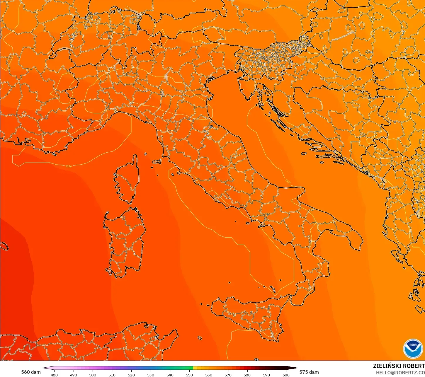GFS modelo - Italia, Altura geopotencial a 500 hPa