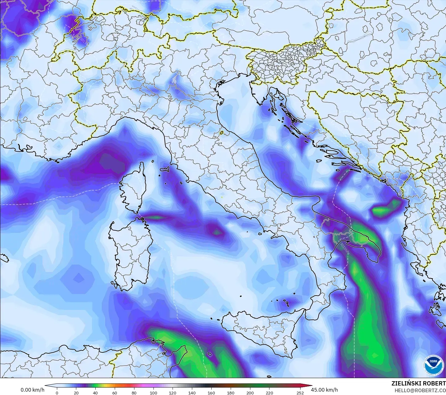 GFS modelo - Italia, Ráfagas de viento