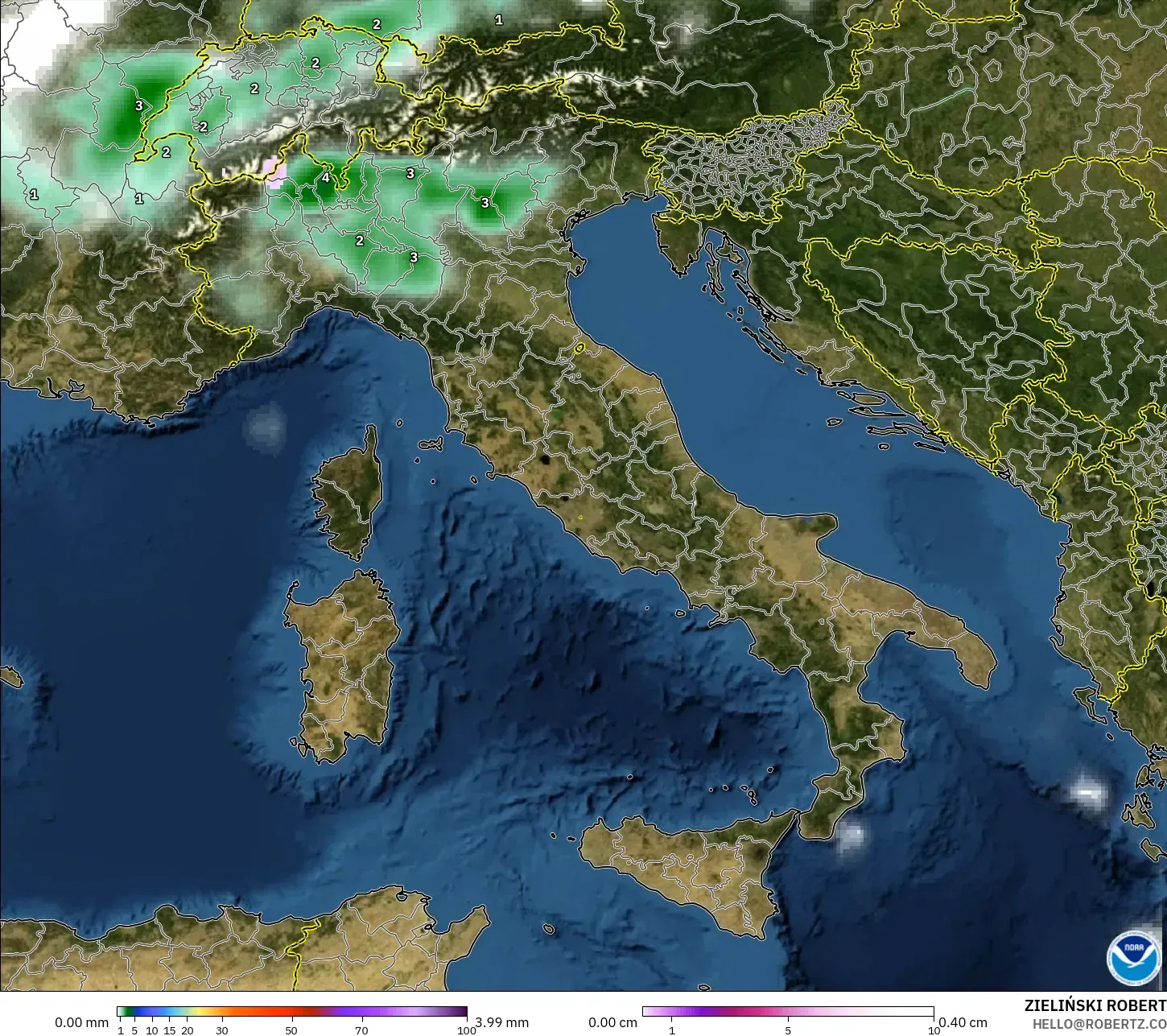 GFS modelo - Italia, Precipitación, nubes y presión