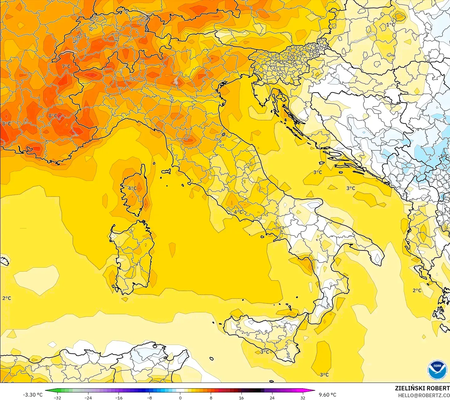 GFS modelo - Italia, Anomalía de temperatura a 2 m
