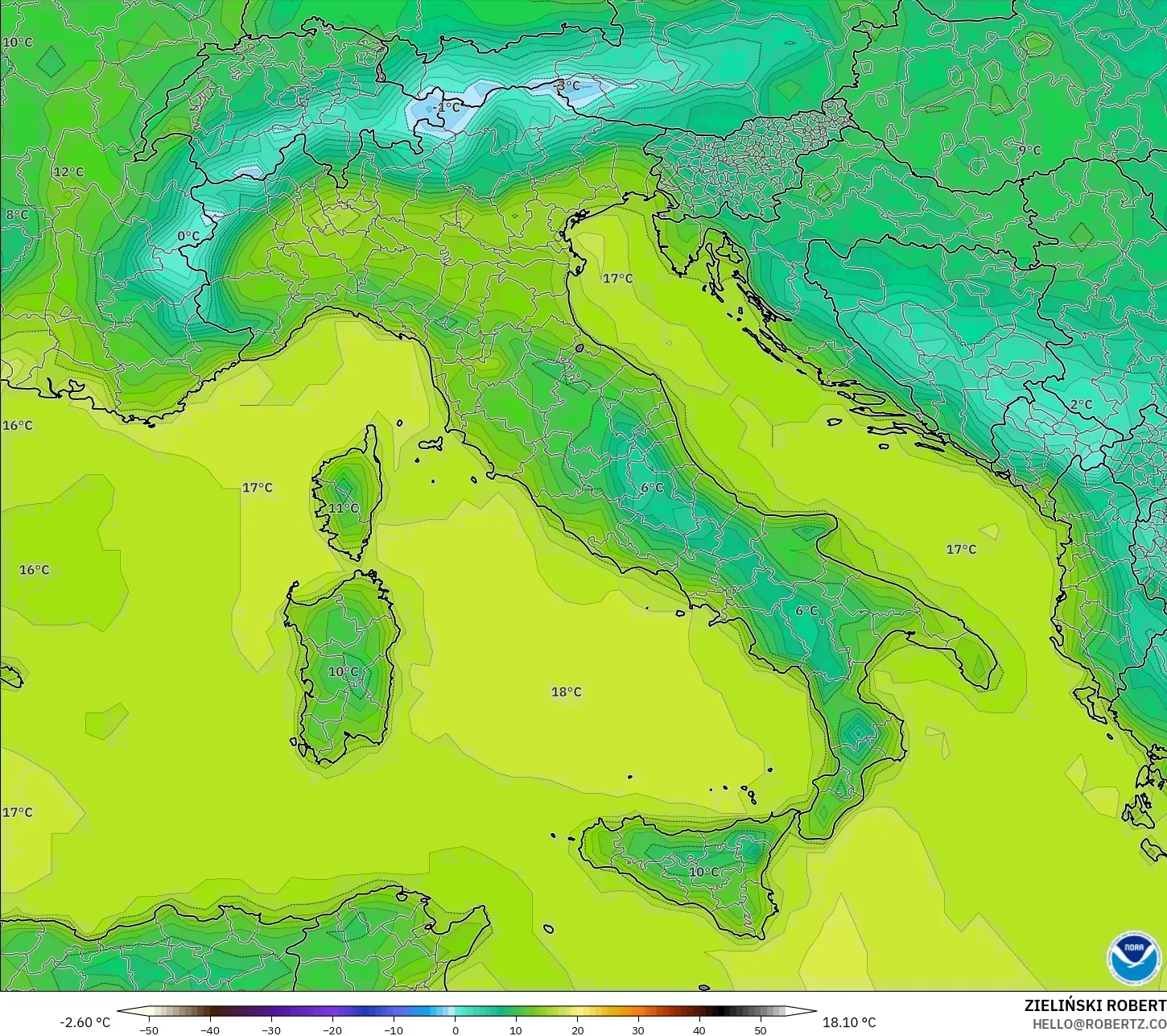 GFS modelo - Italia, Temperatura a 2 m